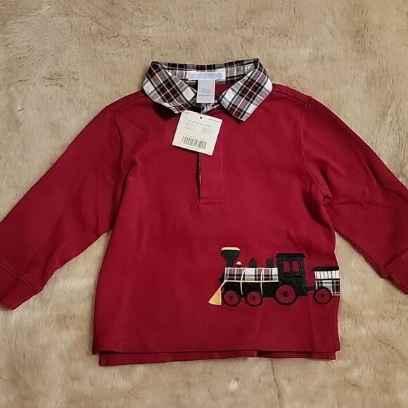 𝅺JANIE AND JACK RED LONG-SLEEVE POLO WITH TRAIN DESIGN AND TARTAN PLAID TRIM - Picture 8 of 9